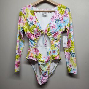 New Celebrity Pink Swimsuit Women Size L White Floral Long Sleeve Lined Beach